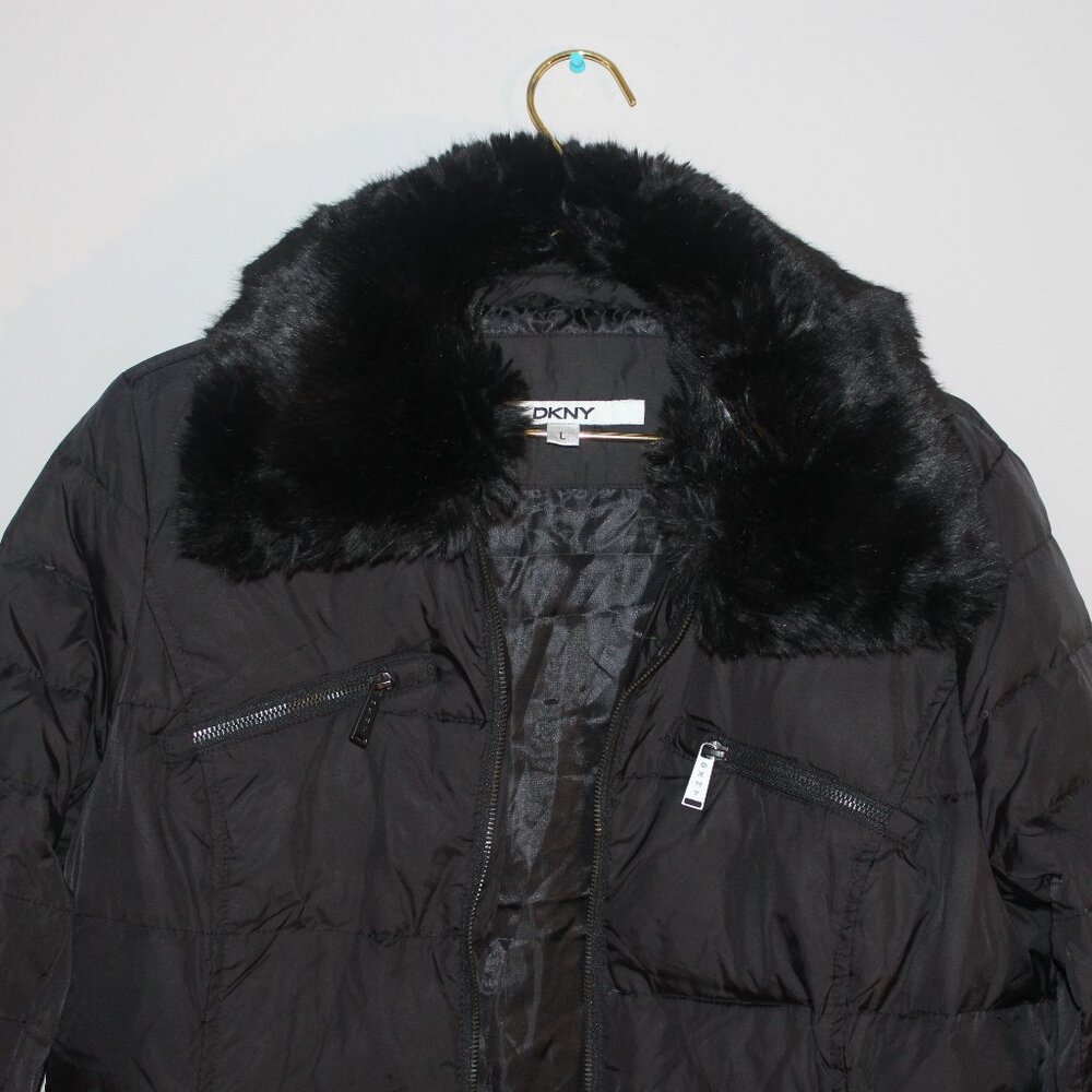 NWT DKNY Water Repellent Down Puffer Coat w/Faux Fur, Black, Women's L